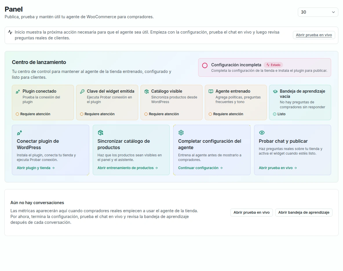MyStoreAssistant dashboard showing the Launch Center setup checklist